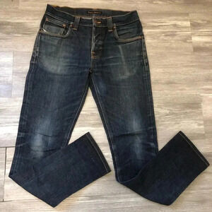 NUDIE JEANS GRIM TIM SIZE 32‎ X 34 MENS STRETCH BUTTON FLY JEANS DRY NAVY
